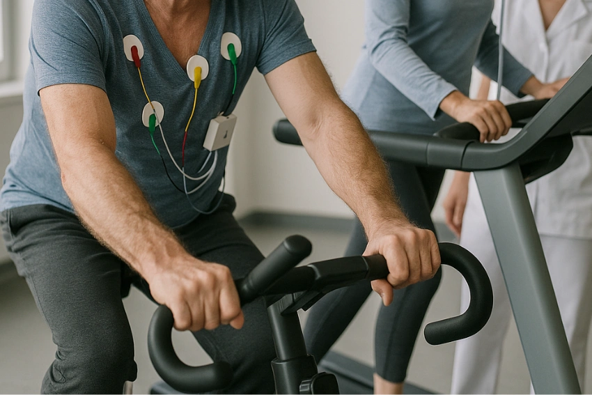 A man and woman riding exercise bikes during cardiac and respiratory rehabilitation at Attwood & Associates in Hermanus, South Africa.
