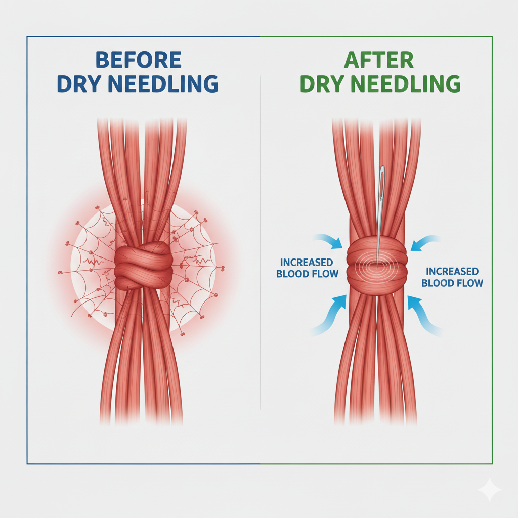 Infographic showing a muscle trigger point before dry needling with pinched nerves and reduced blood flow, and after dry needling with increased blood flow and pain signal shutdown.